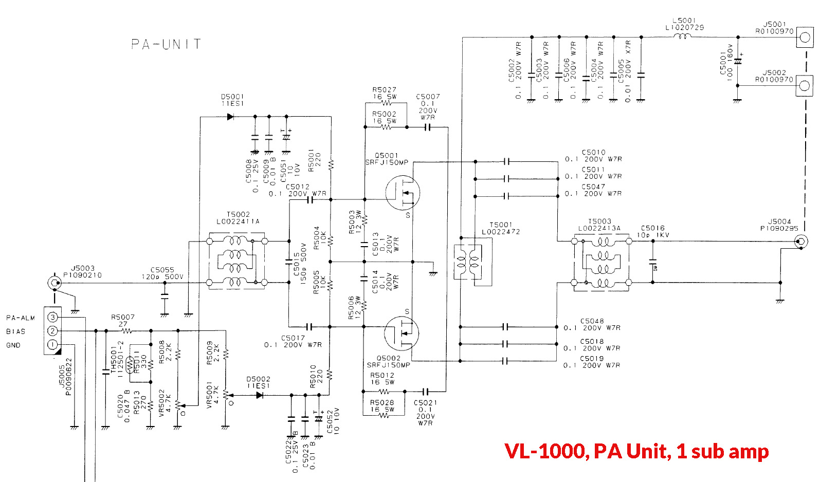 PA UNIT, schematic diagram, one amplifier.